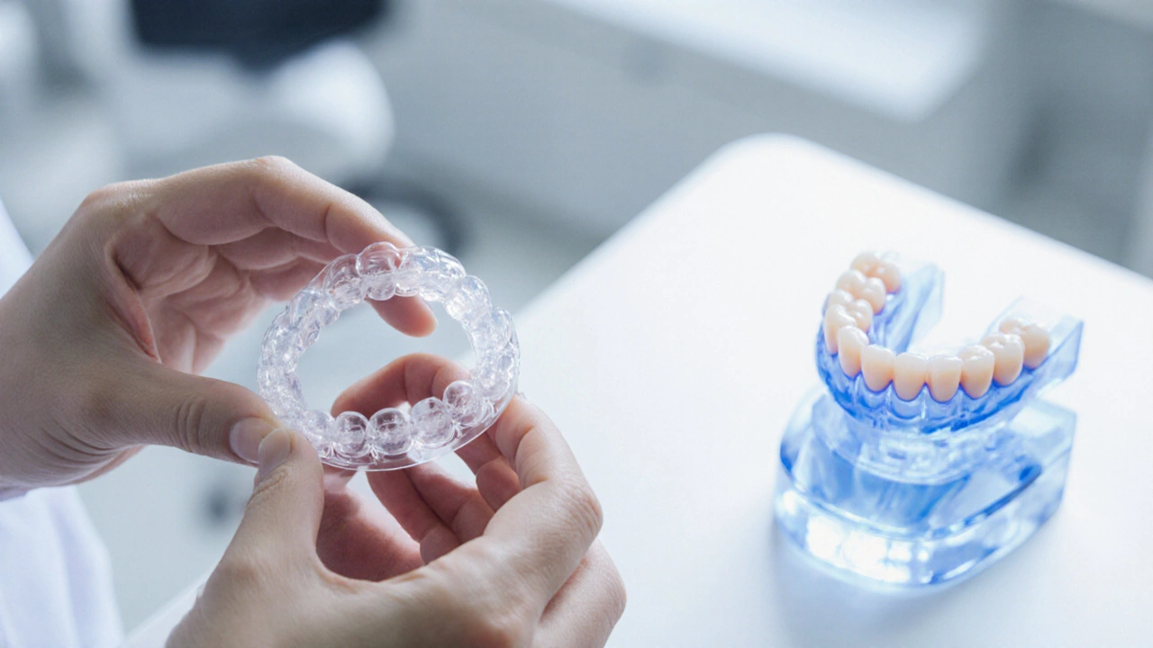 Ruka vkládá průhledné ortodontické rovnátko do úst, na pozadí 3D model zubů.