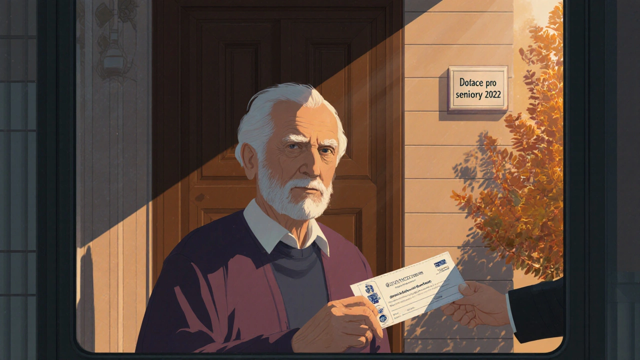 Senior dostává městskou dotaci na zubní léčbu v městském úřadě.