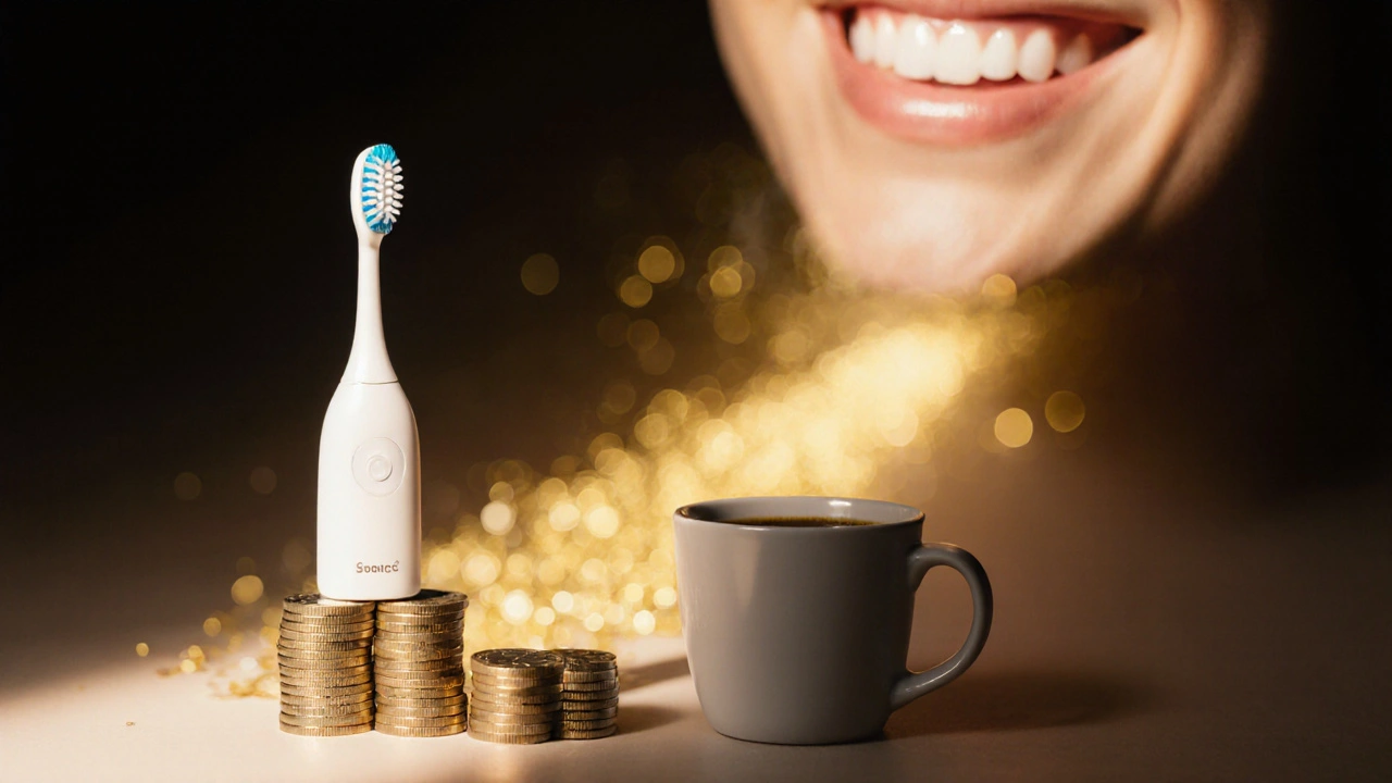 Sonický kartáček na hromadě mincí a kávě, vedoucí k zdravému úsměvu.