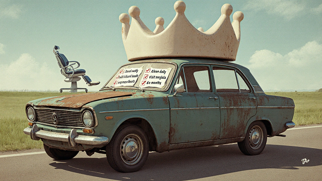 Starý automobil bez motoru s keramickou korunkou jako krytem, symbolizující potřebu péče.