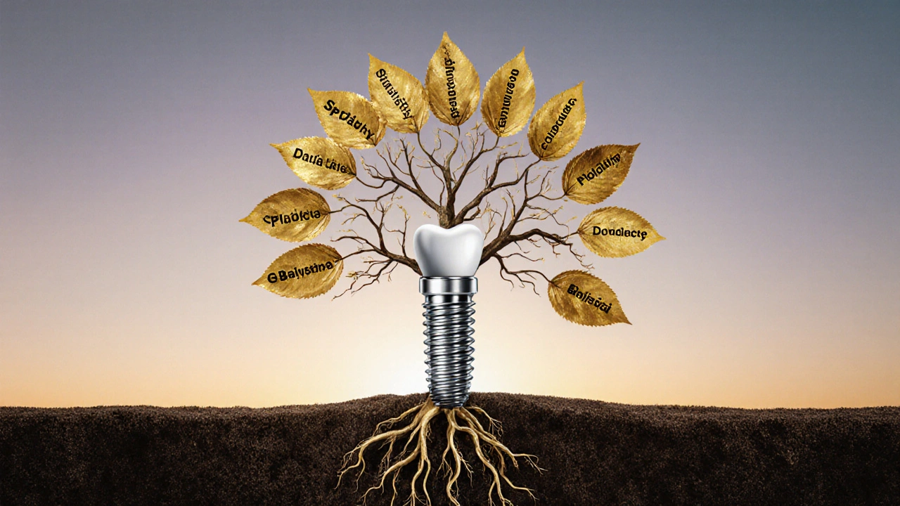 Strom s kořeny tvaru implantátů symbolizuje různé způsoby financování.