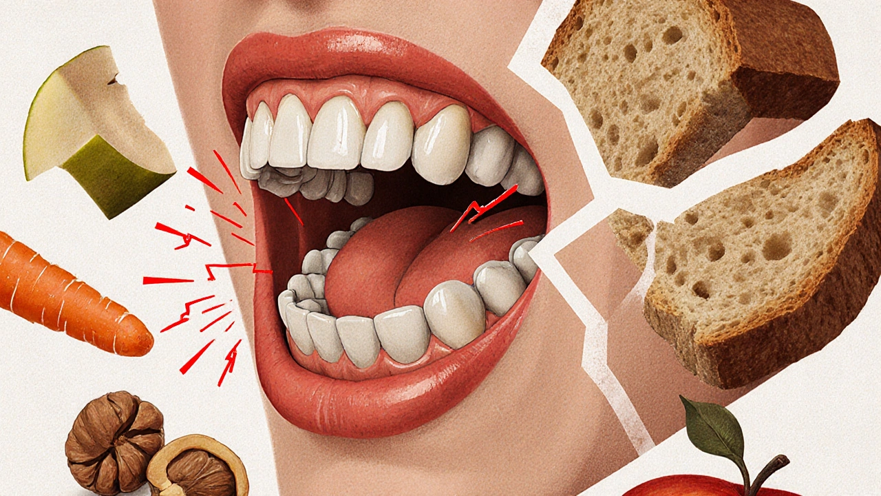 Symbolický obrázek zubní protézy posunující se při žvýkání tvrdého jablka.