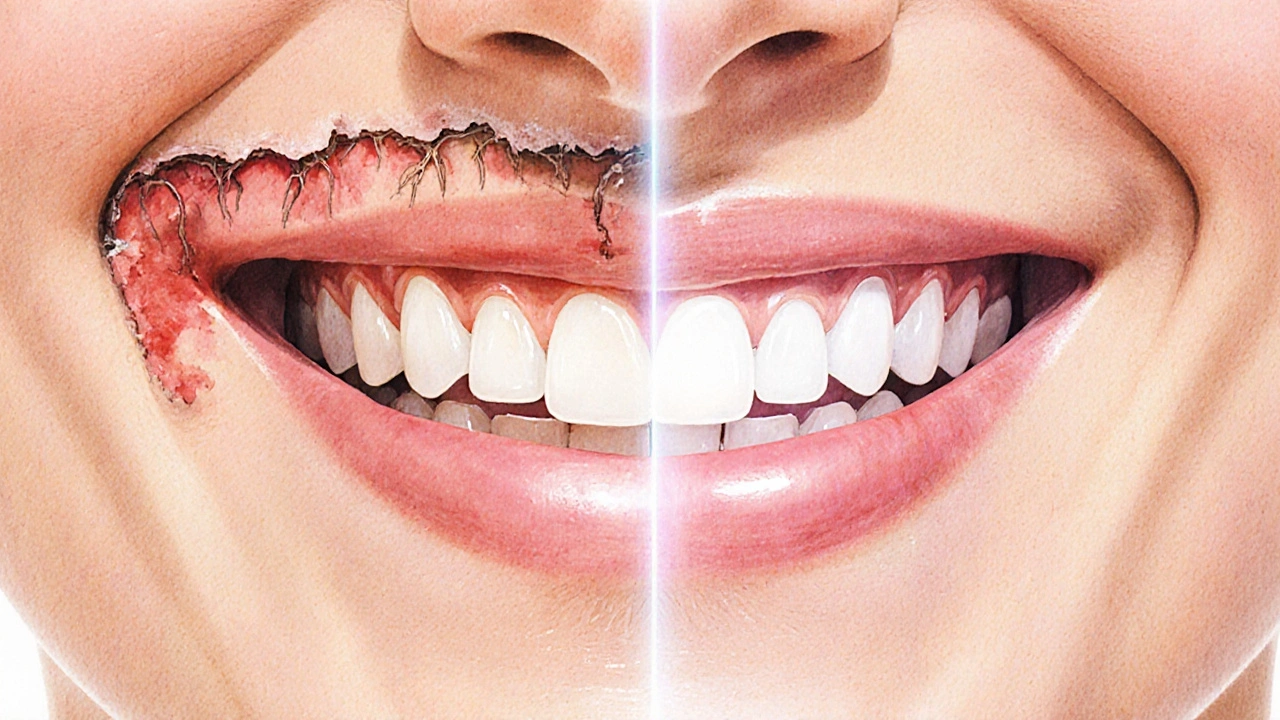 Transformace úsměvu od poškozených k zdravým dásním a zubům.