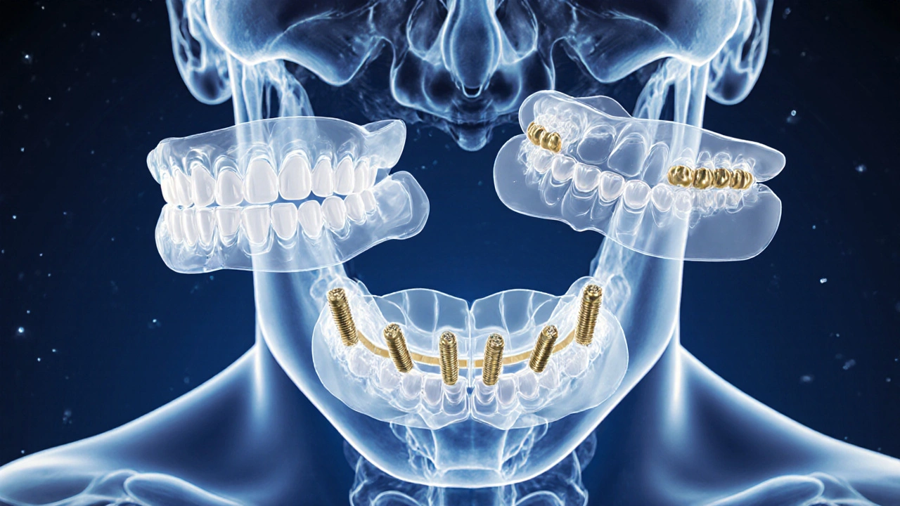 Tři typy zubních protéz v průhledném zobrazení nad čelistí s implantačními šroubky.