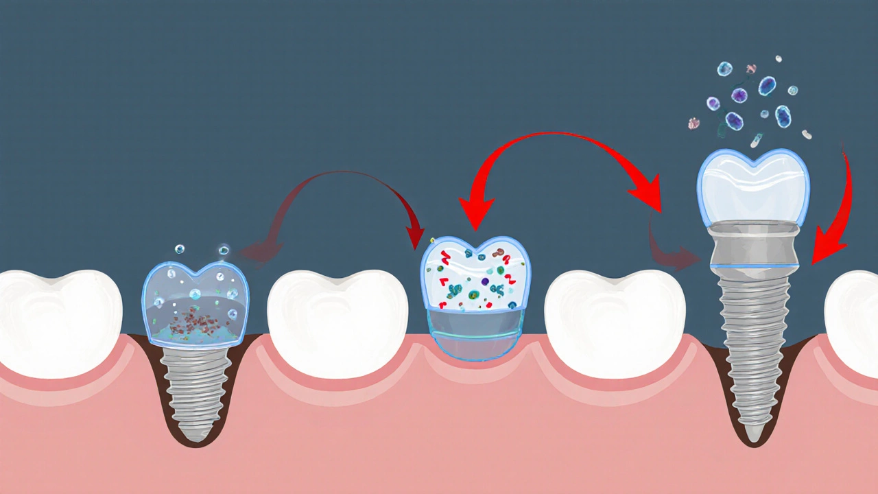 Vrstvy silikonu a bakterií na implantátu vedoucí k zánětu a ztrátě kosti.