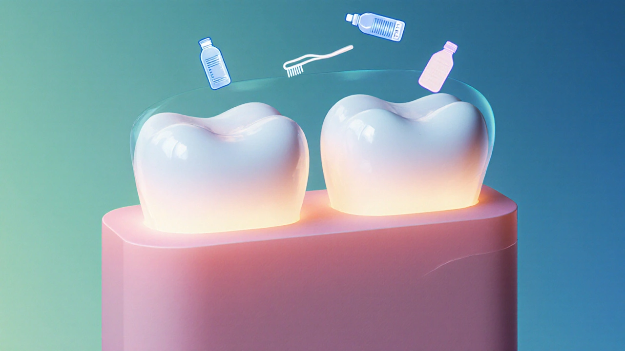 Zdravé zuby září pod ochranným štítem fluoridového gelu, kolem nich jsou ikony zubního kartáčku a vody.