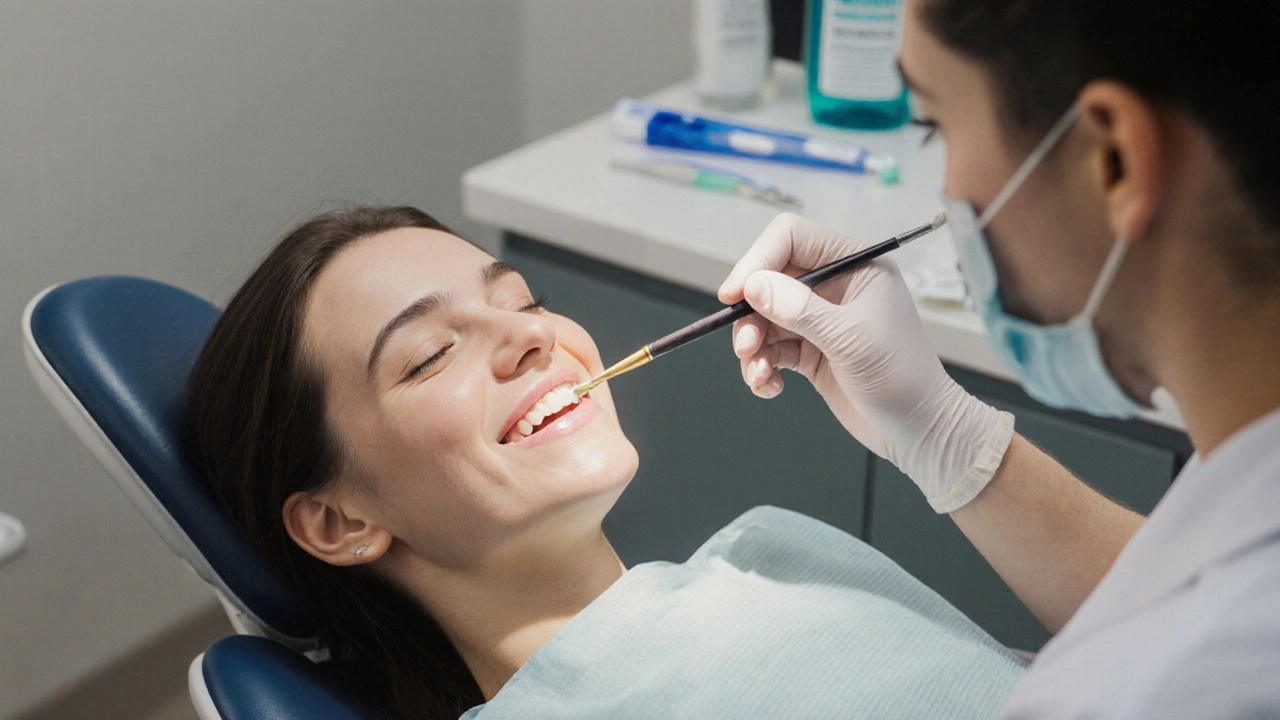 Zubař aplikuje fluoridový lak na odhalené kořeny zubů v klinickém prostředí.