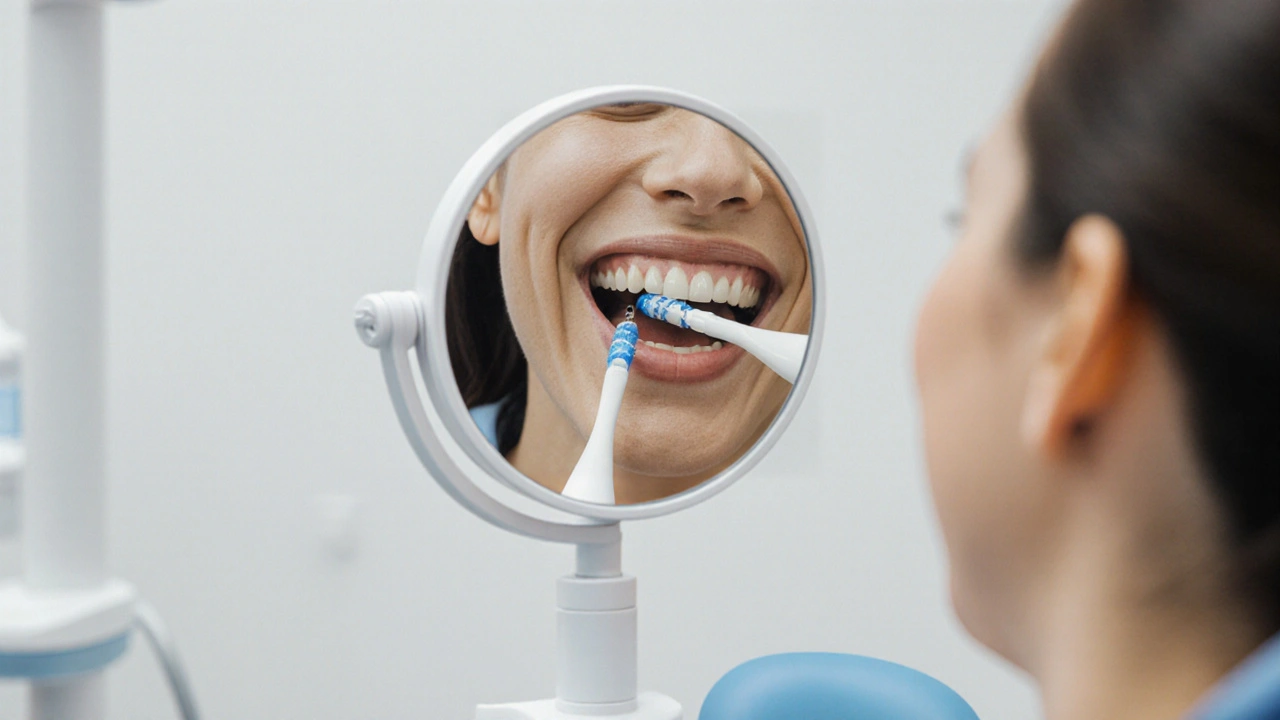 Zubní hygienička ukazuje pacientovi správné použití mezizubního kartáčku.