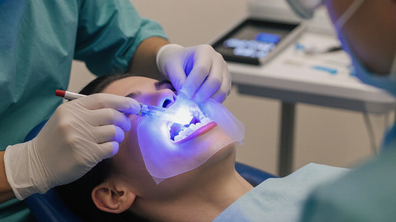 Zubní lékař aplikuje bělící geľ pod modrým světlem, pacient má ochranný gumový kryt na dásních.
