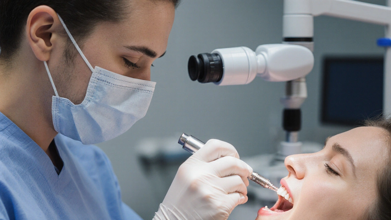 Zubní lékař odstraňuje silikon z implantátu pomocí ultrazvukového zařízení.