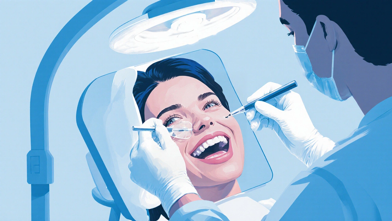 Zubní lékař opravuje přední zub kompozitní výplní.