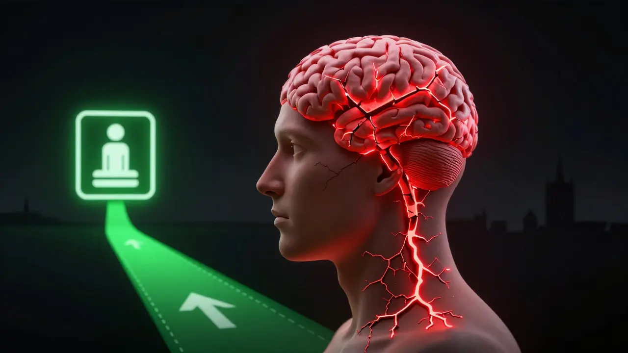 Abstraktní znázornění šíření infekce zubu k mozku s cestou k pohotovosti.