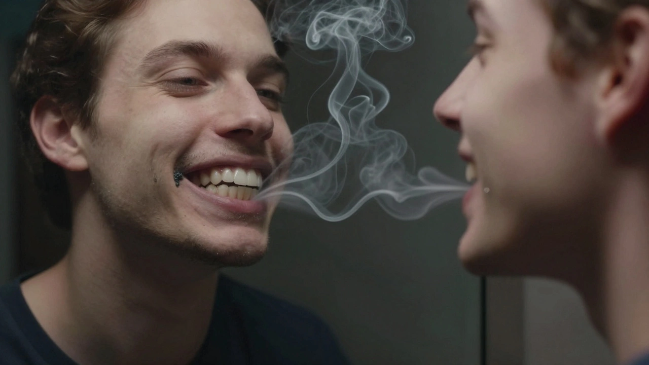 Člověk v zrcadle: zdravé zuby v odrazu, černý kámen ve skutečnosti