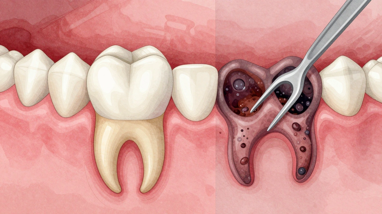 Contrast between healthy gums and deep periodontal pockets filled with bacteria.