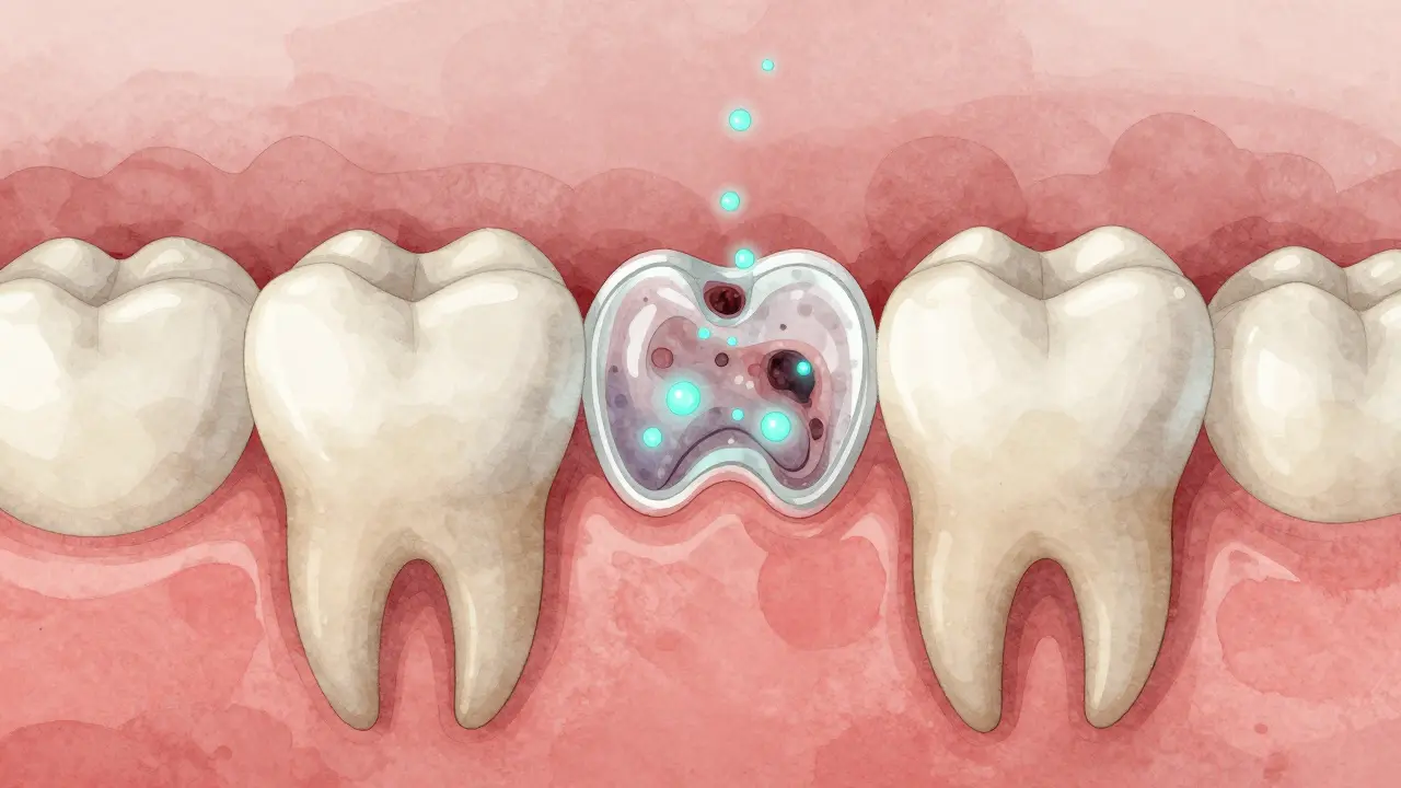 Cross-section of a tooth showing fluoride ions protecting enamel from decay.