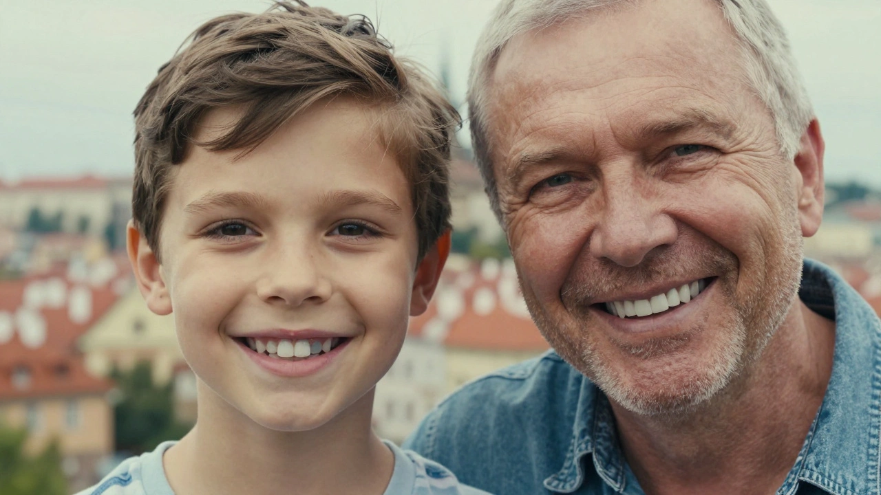 Dítě a dospělý se stejným úsměvem — jedno s původním zbarvením, druhé s estetickými vložkami.