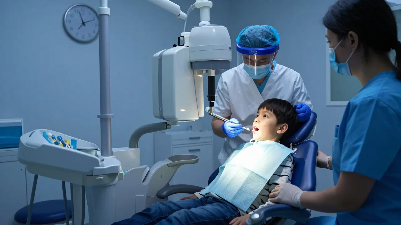 Dítě na zubní pohotovosti při rentgenovém vyšetření s rodičem u boku.