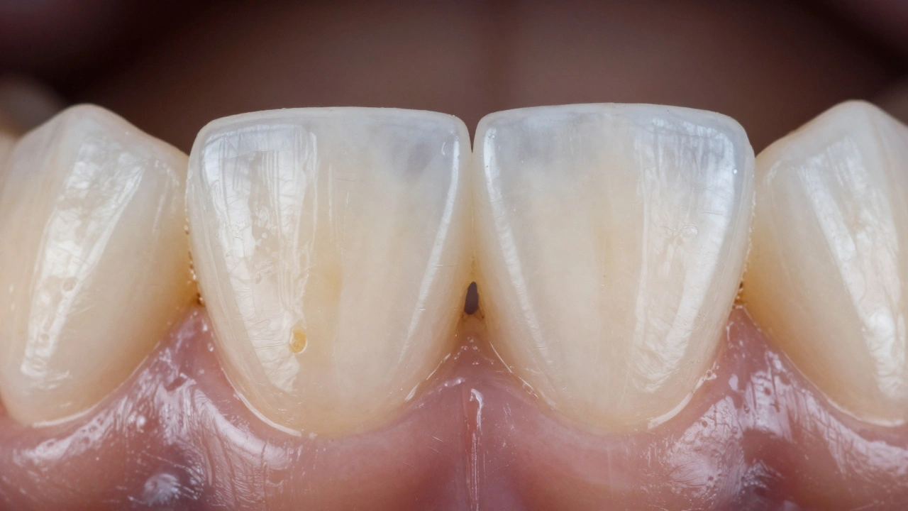 Dva přední zuby: jeden s vnitřním zbarvením, druhý pokrytý kompozitní fazetou.