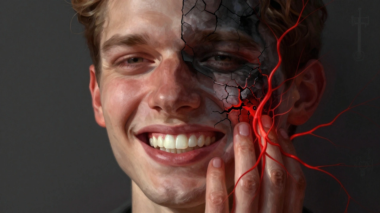 Dvě strany obličeje: zdravá a bolestivá zubní infekce.