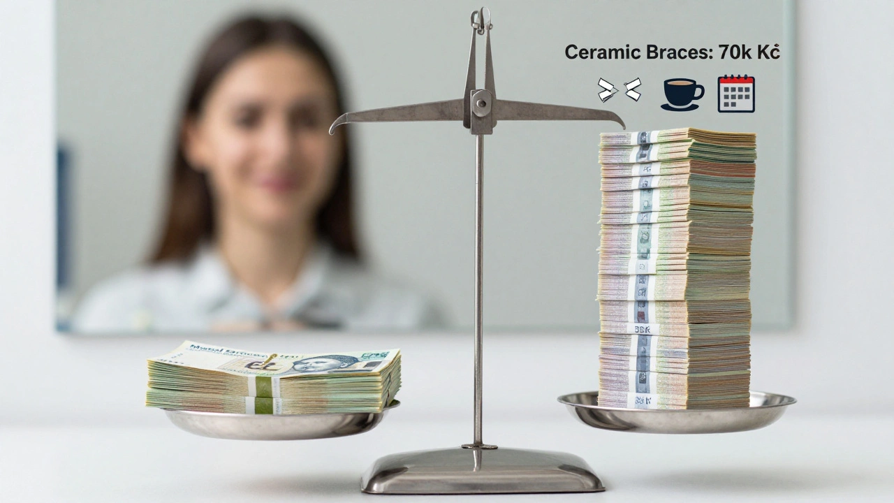 Finanční váha s náklady na kovová a keramická rovnátka s doprovodnými ikonami.