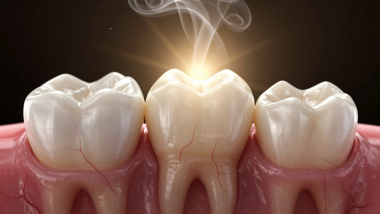 Gums reattaching to a smoothed tooth root after periodontal treatment.