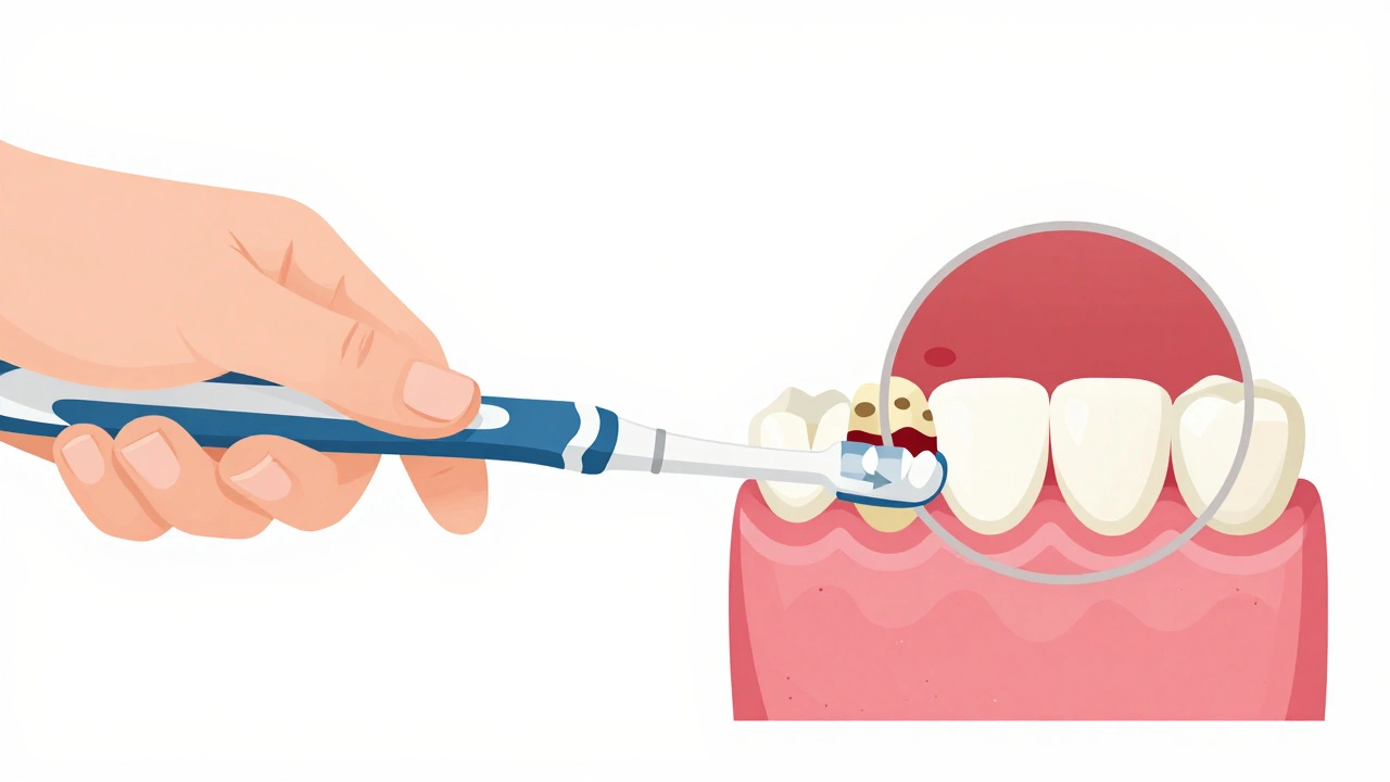 Ilustrace správného pohybu mezizubního kartáčku mezi zuby.