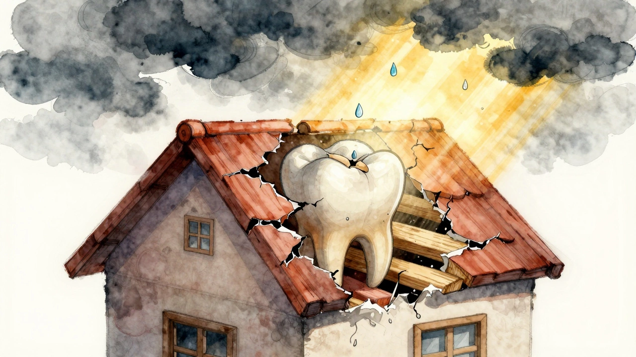 Krytí zubu plombou jako oprava střechy, která zabraňuje poškození.