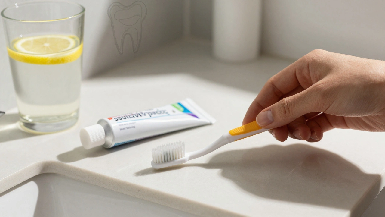 Měkký zubní kartáček a pasta pro citlivé zuby na koupelnové lavici vedle odhozeného tvrdého kartáčku.