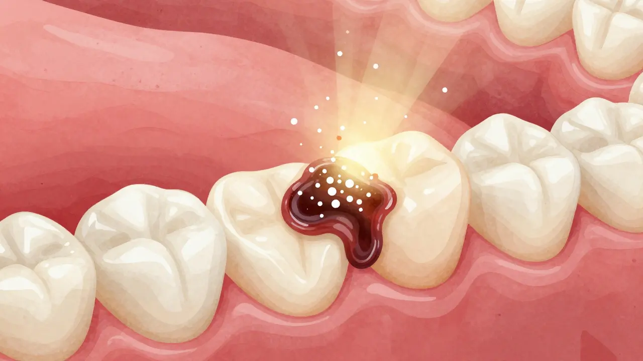 Mikroskopický pohled na odstranění biofilmu z povrchu zubu jemnými částicemi.