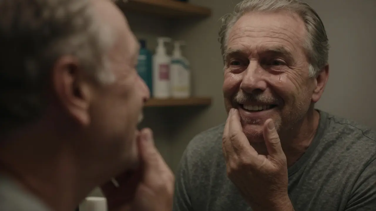 Muž se dívá do zrcadla a dotýká se rtů s novými fazetami, oči září klidem.