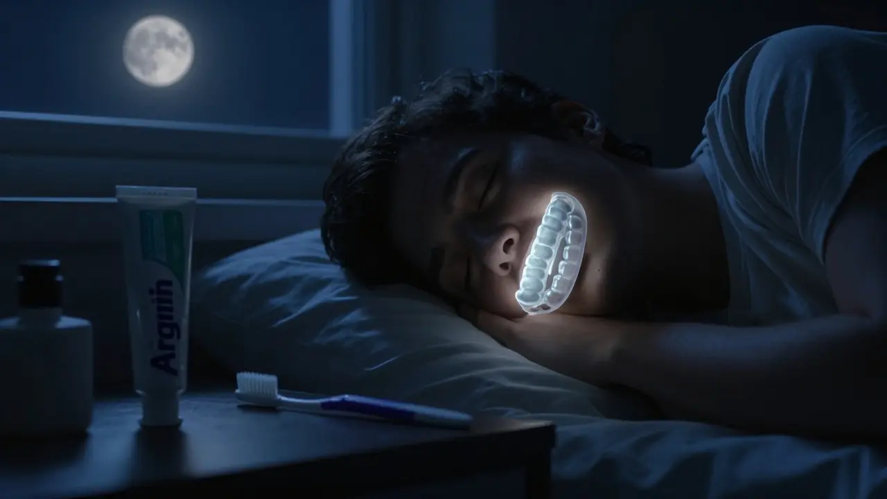 Noční ochranná štítovka a zubní pasta pro citlivé zuby na nočním stolku při měsíčním světle.