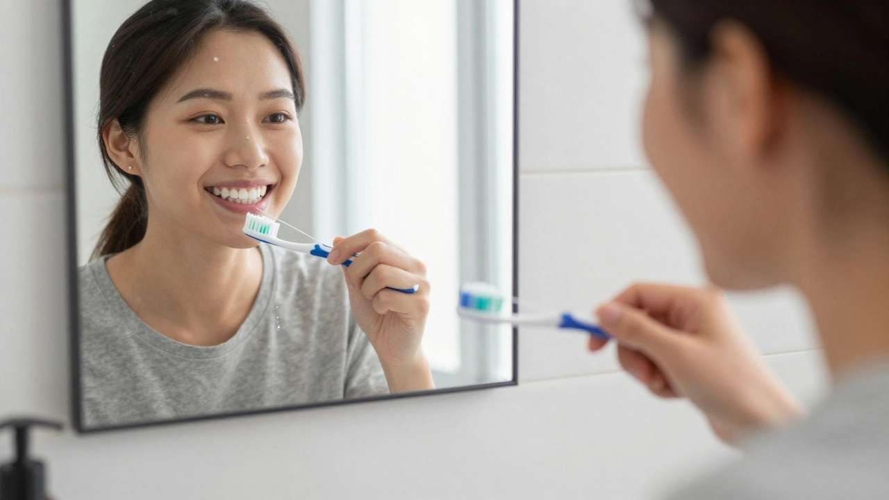 Pacient čistí zuby kartáčkem a nití v domácím prostředí.