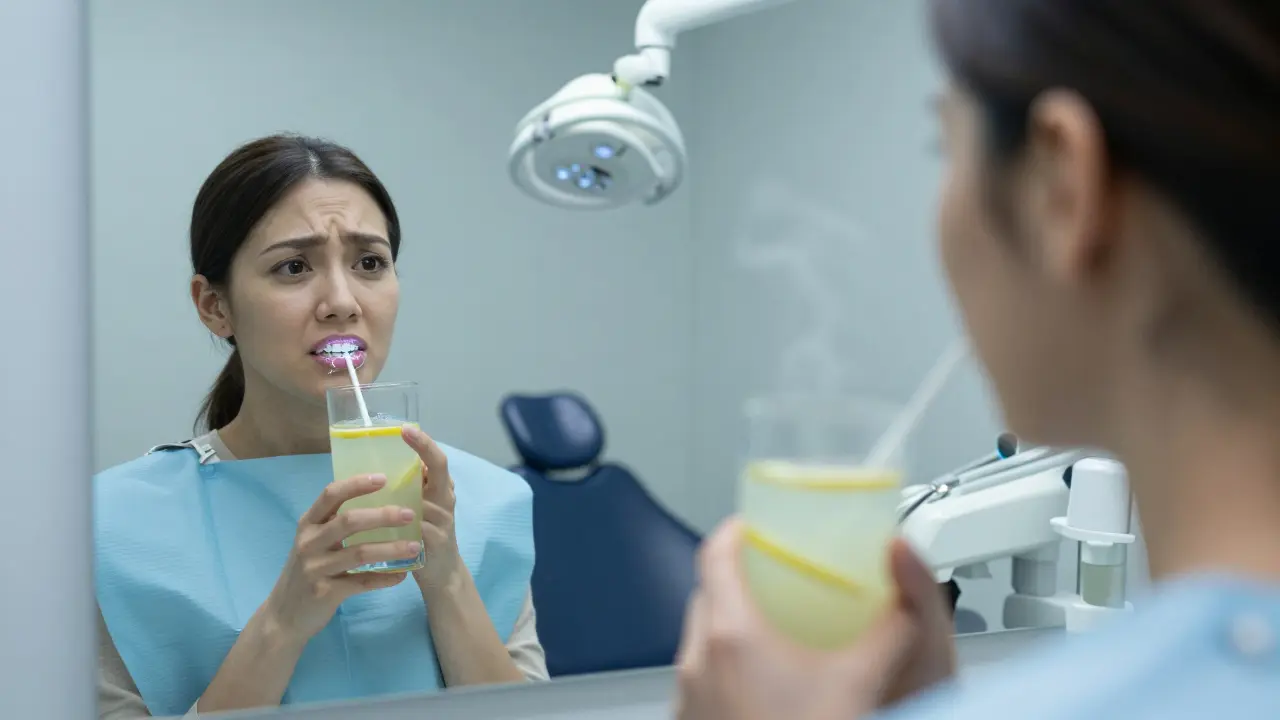 Pacient hledí do zrcadla s nápojem, zatímco na jeho zubech jsou vidět mikrotrhliny.