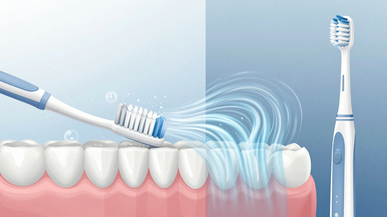 Porovnání pohybu ručního a sonického kartáčku s vlivem na čištění mezi zuby.