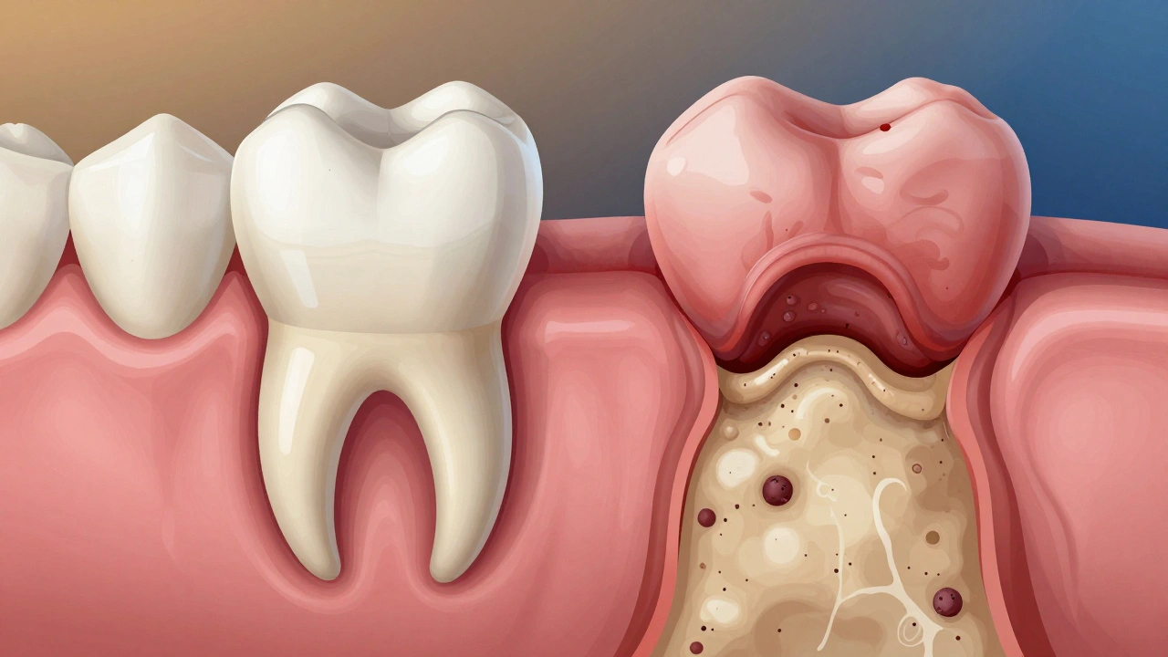 Porovnání zdravé a nemocné dásně s viditelným ztrátou kosti.