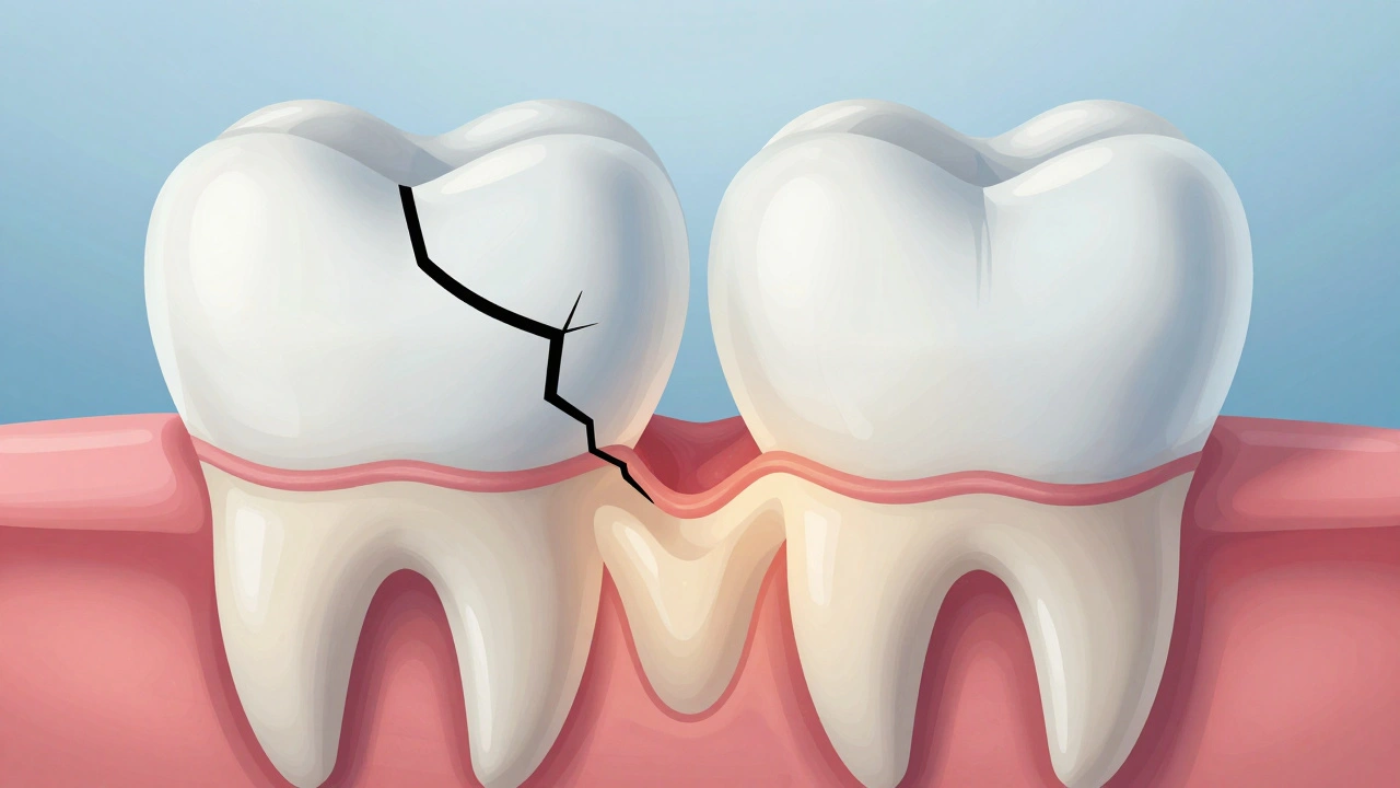 Příčný řez zubem ukazující rozdíl mezi sklovinou a dentinem