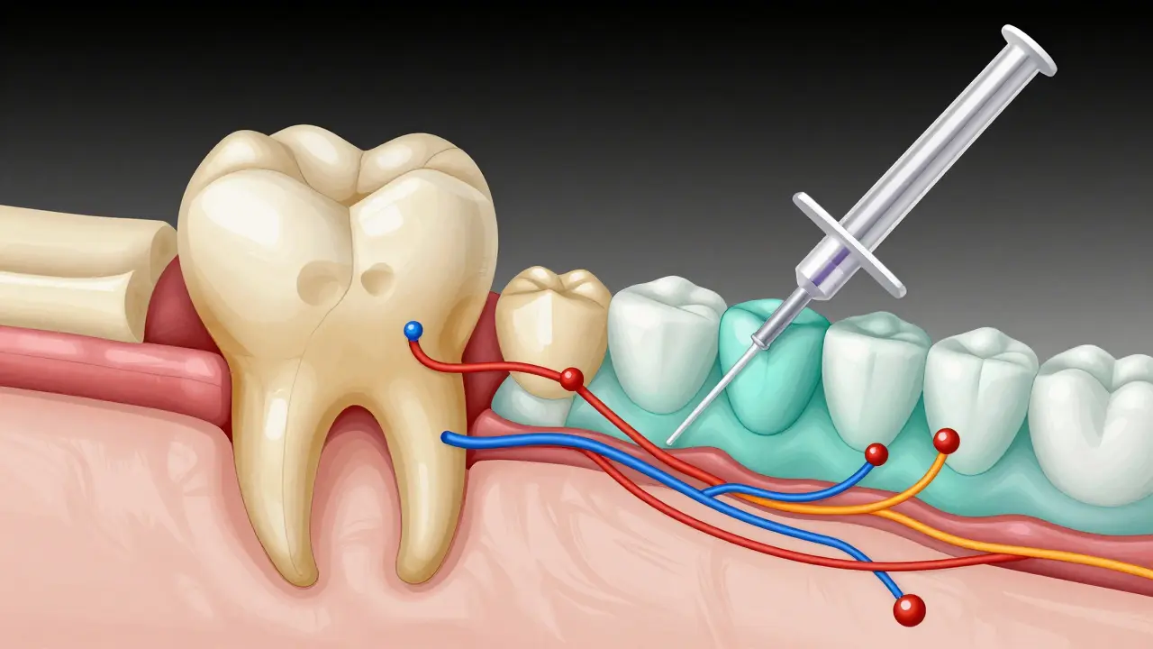 Průřez čelisti s vyznačenými druhy zubních injekcí a šířením anestetika.