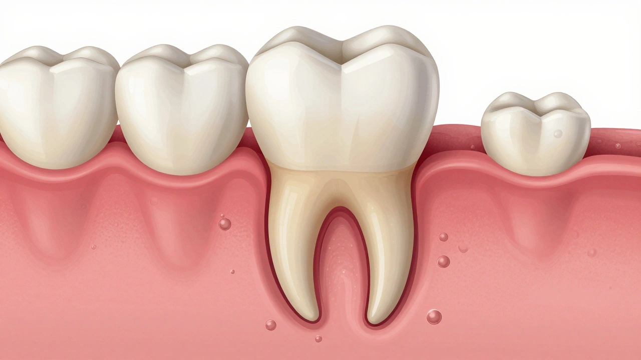 Průřez zubu s odhaleným důlem a stáhnutými dásněmi, ukazující nervové kanálky.