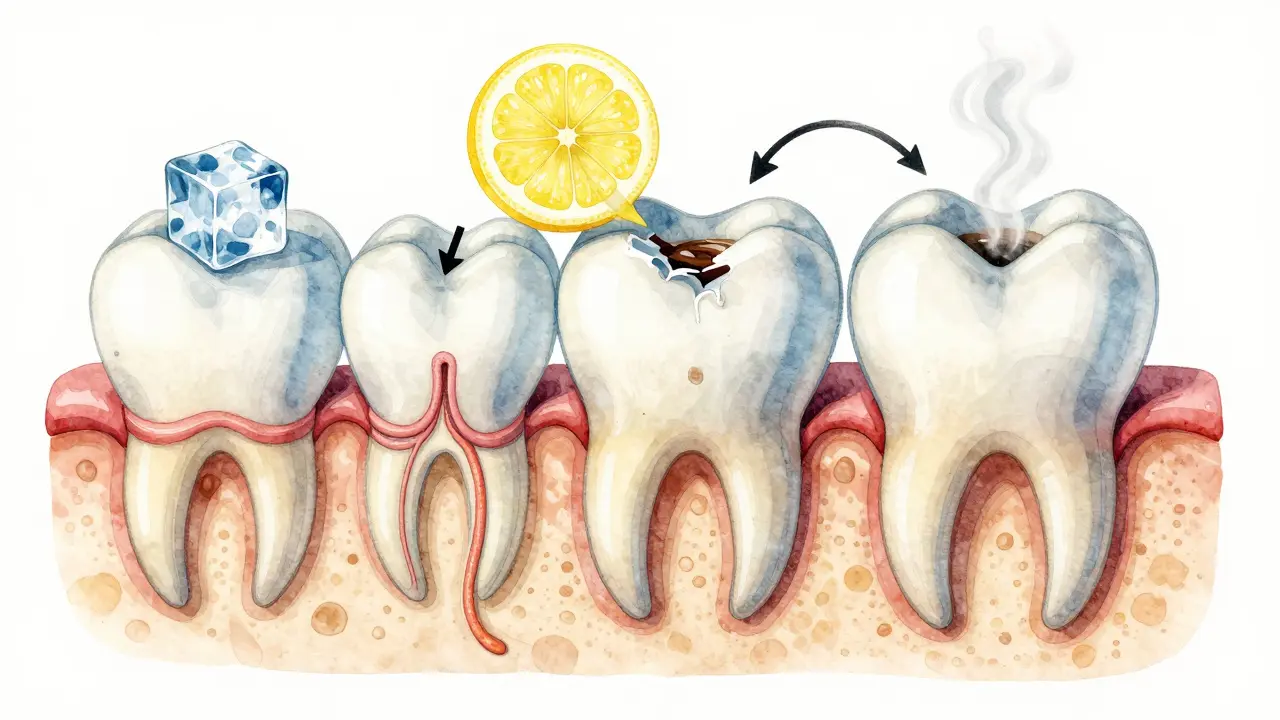 Průřez zubu ukazující mikroskopické kanálky a vliv kyseliny a chladu na zubní dřeň.