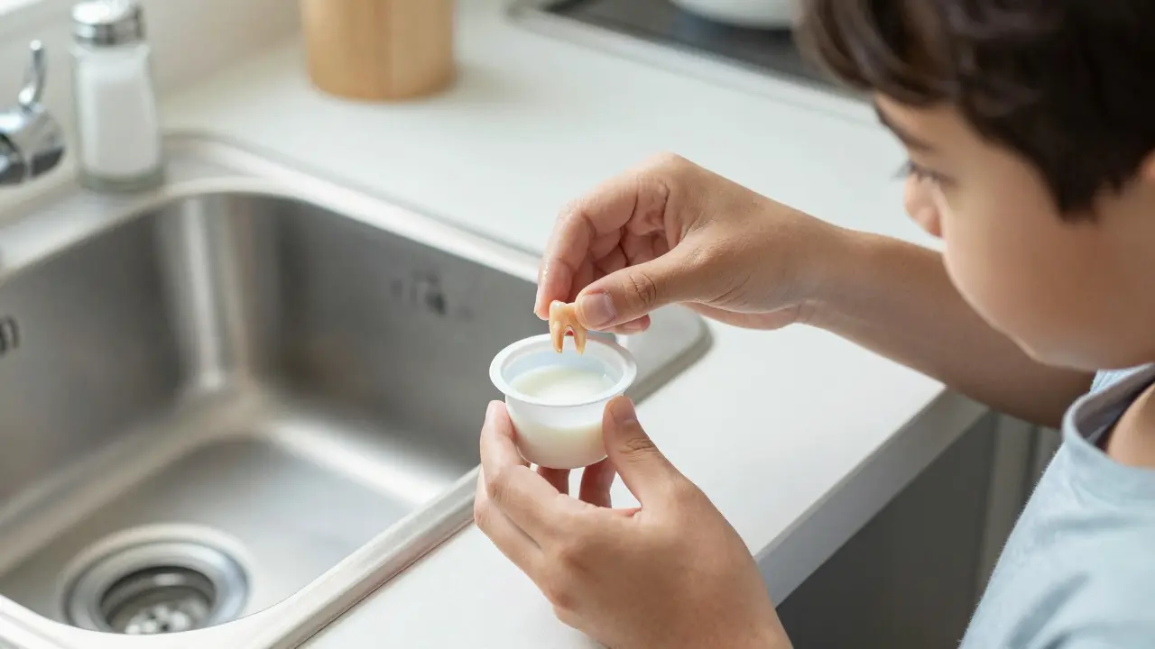 Rodič ukládá vypadlý zub do nádoby s mlékem na kuchyňském stole.