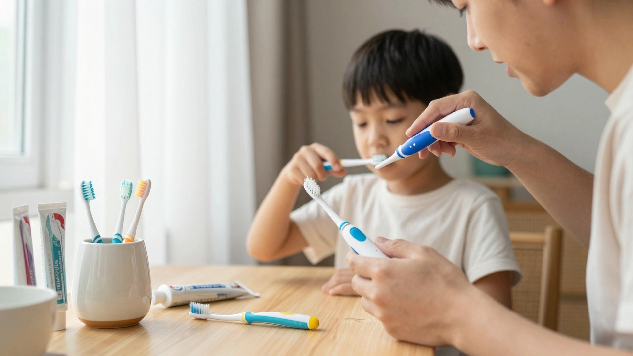 Rodina čistí zuby doma, rodič a dítě používají sonické kartáčky v koupelně.