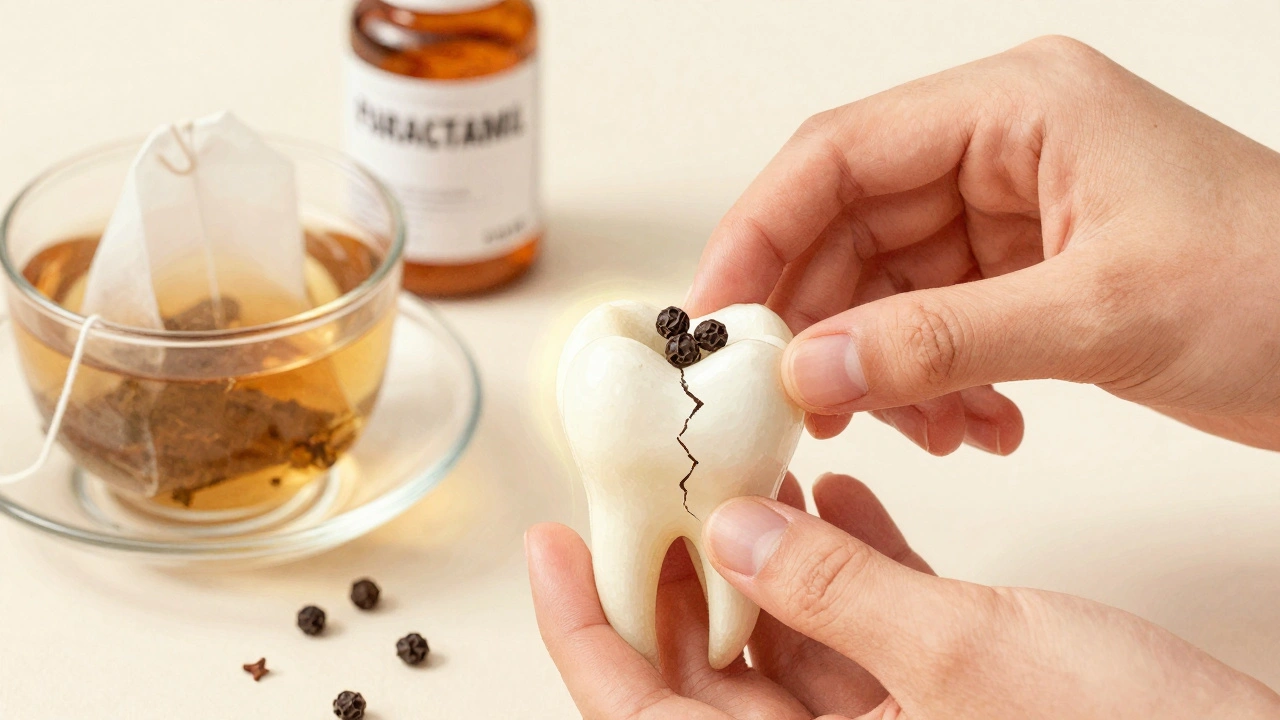 Ruka klade černý pepř na poškozený zub.