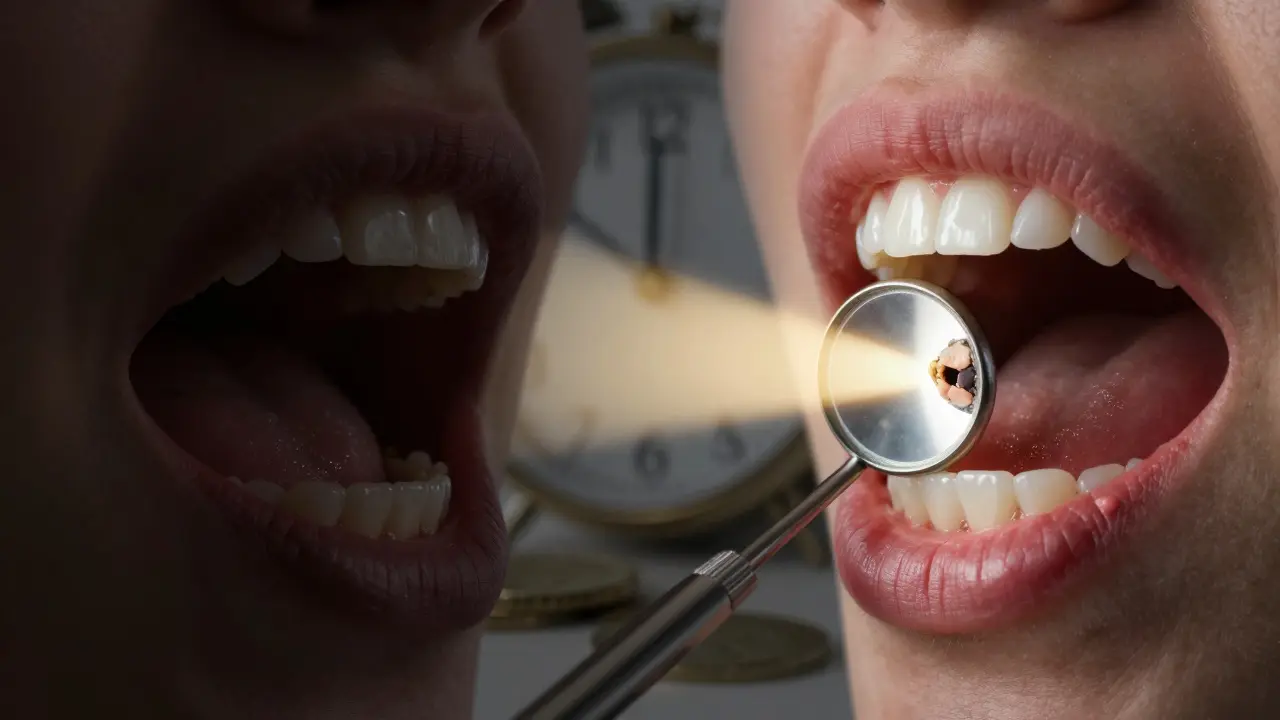 Srovnání skrytého zubního problému a jeho viditelného odrazu pomocí zrcátka.