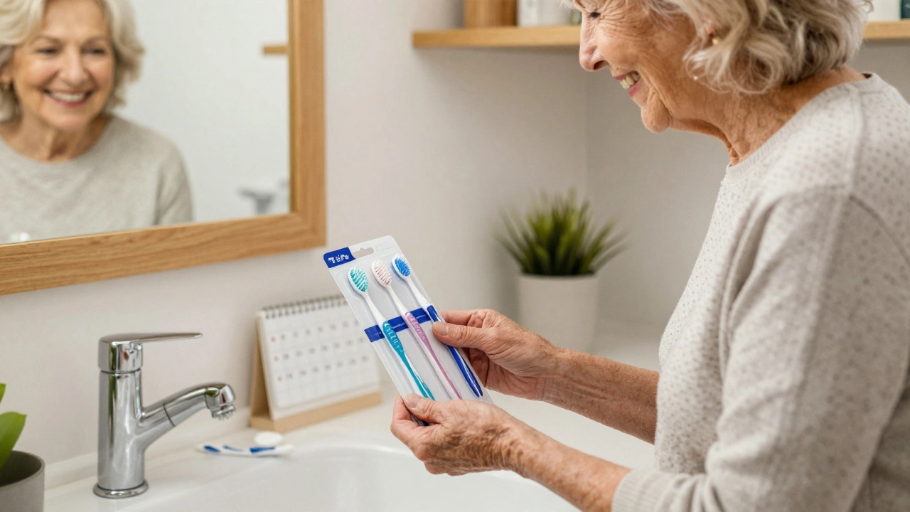 Stará žena drží nové mezizubní kartáčky vedle zubní kartáčky v kuchyni.