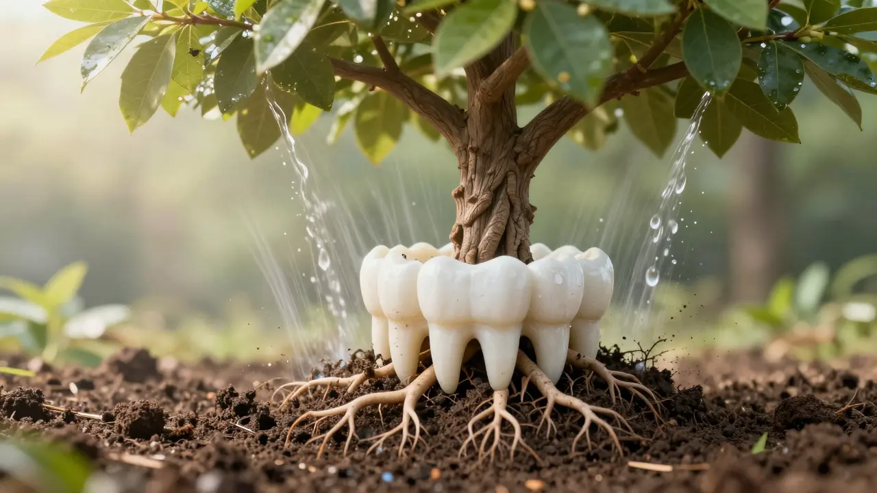 Strom s kořeny jako zuby, čištěný proudem vzduchu, symbolizující dlouhodobé zdraví úst.