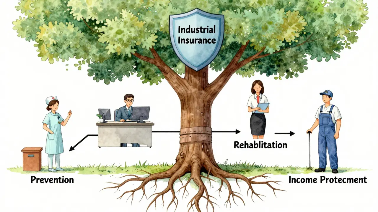 Strom s kořeny ochrany zaměstnanců, větve sahají do různých pracovních prostředí.