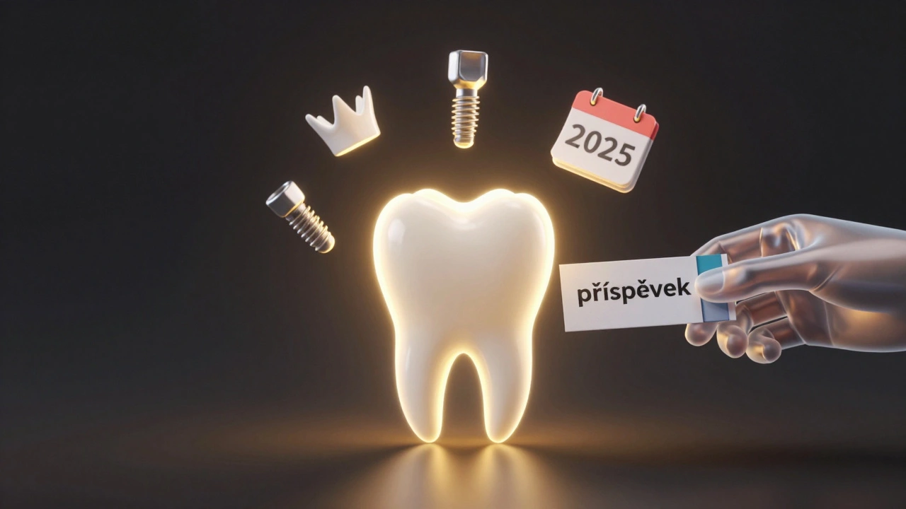Svítící zub s symboly korunky, implantátu a rovnátek, ruka podává výplatu jako příspěvek na léčbu.
