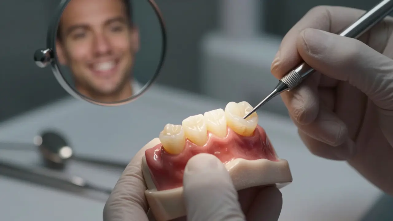 Tenká keramická fazeta přilepená na zub, srovnávající se s přirozenou barvou zubu.