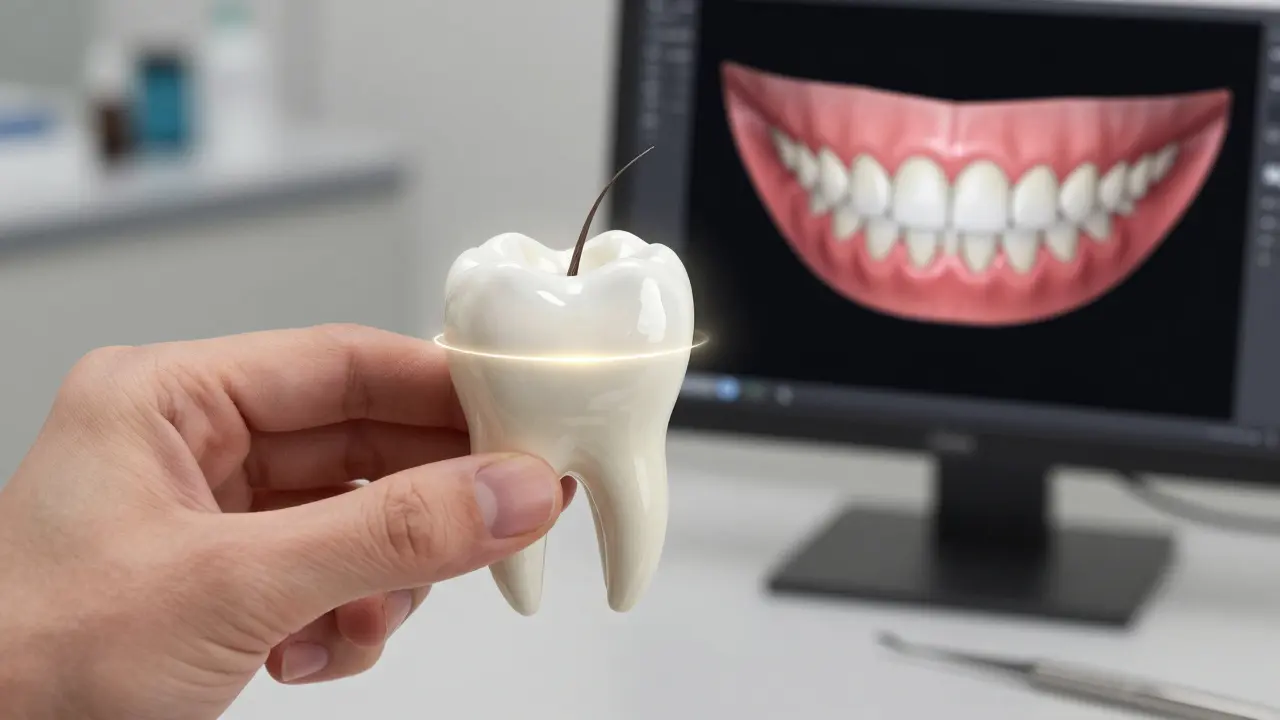 Tenká keramická fazeta vedle zubu s porovnáním tloušťky lidského vlasu.