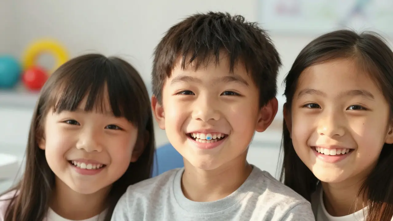 Three children smiling with healthy teeth, one with a colorful dental filling.